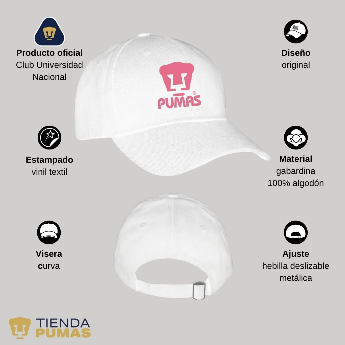 Gorra Pumas UNAM Hombre Mujer Ajustable Logo Rosa 3 Vinil