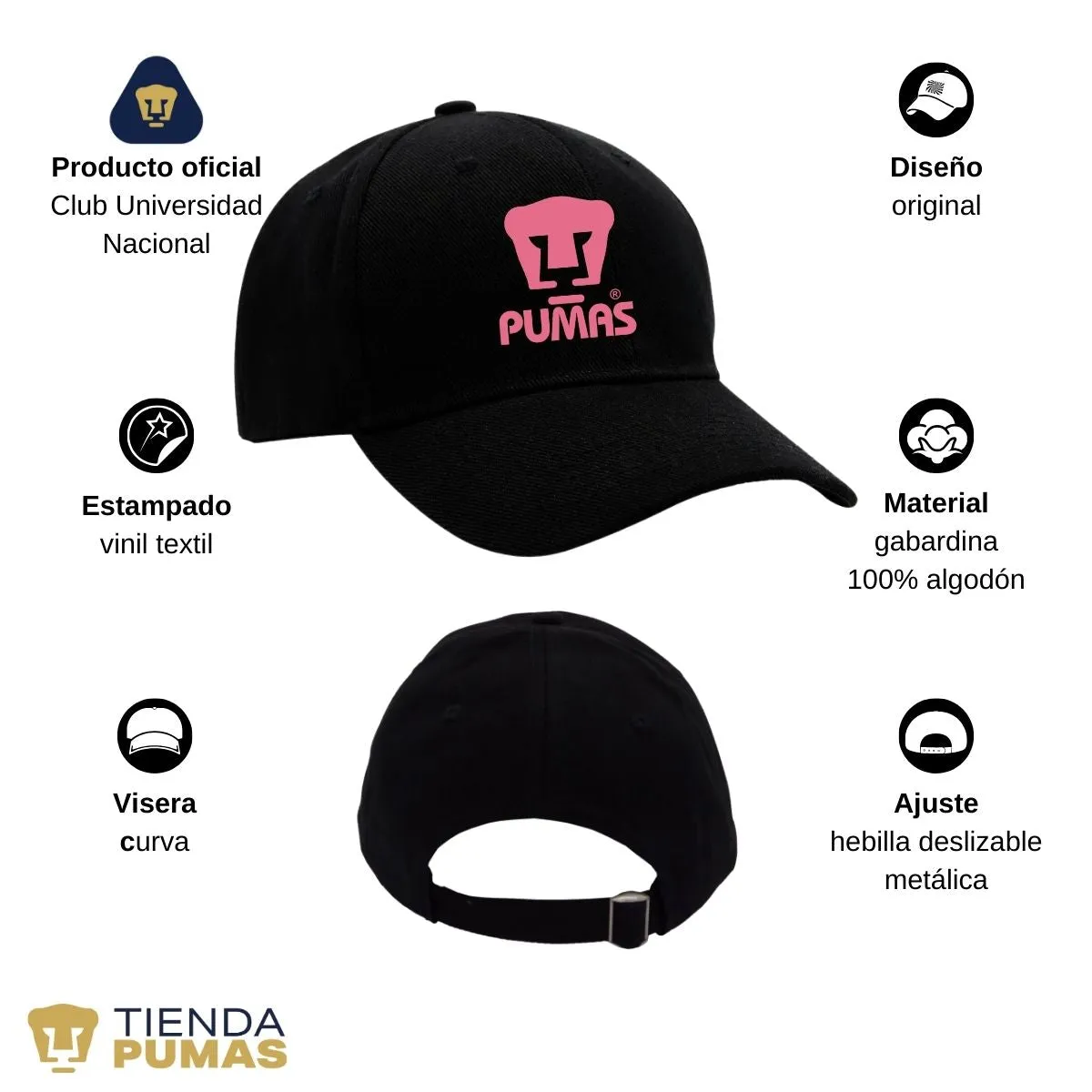 Gorra Pumas UNAM Hombre Mujer Ajustable Logo Rosa 3 Vinil