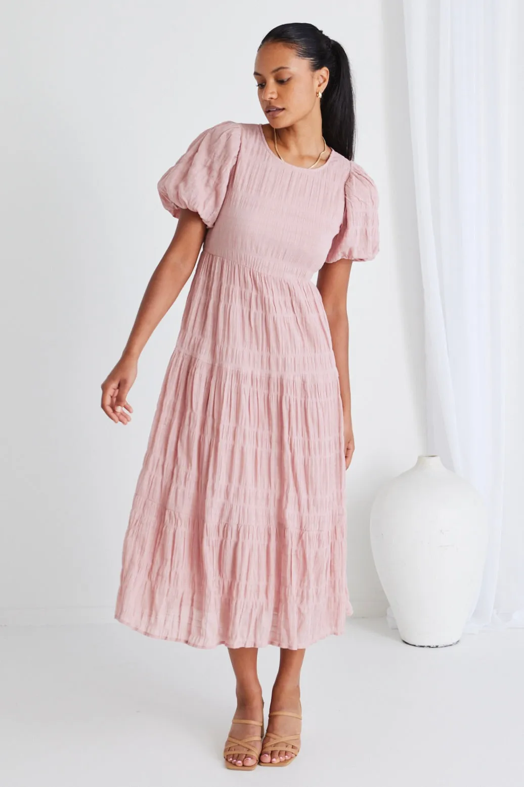 Graceful Blush Shirred Cotton Bubble Sleeve Tiered Maxi Dress