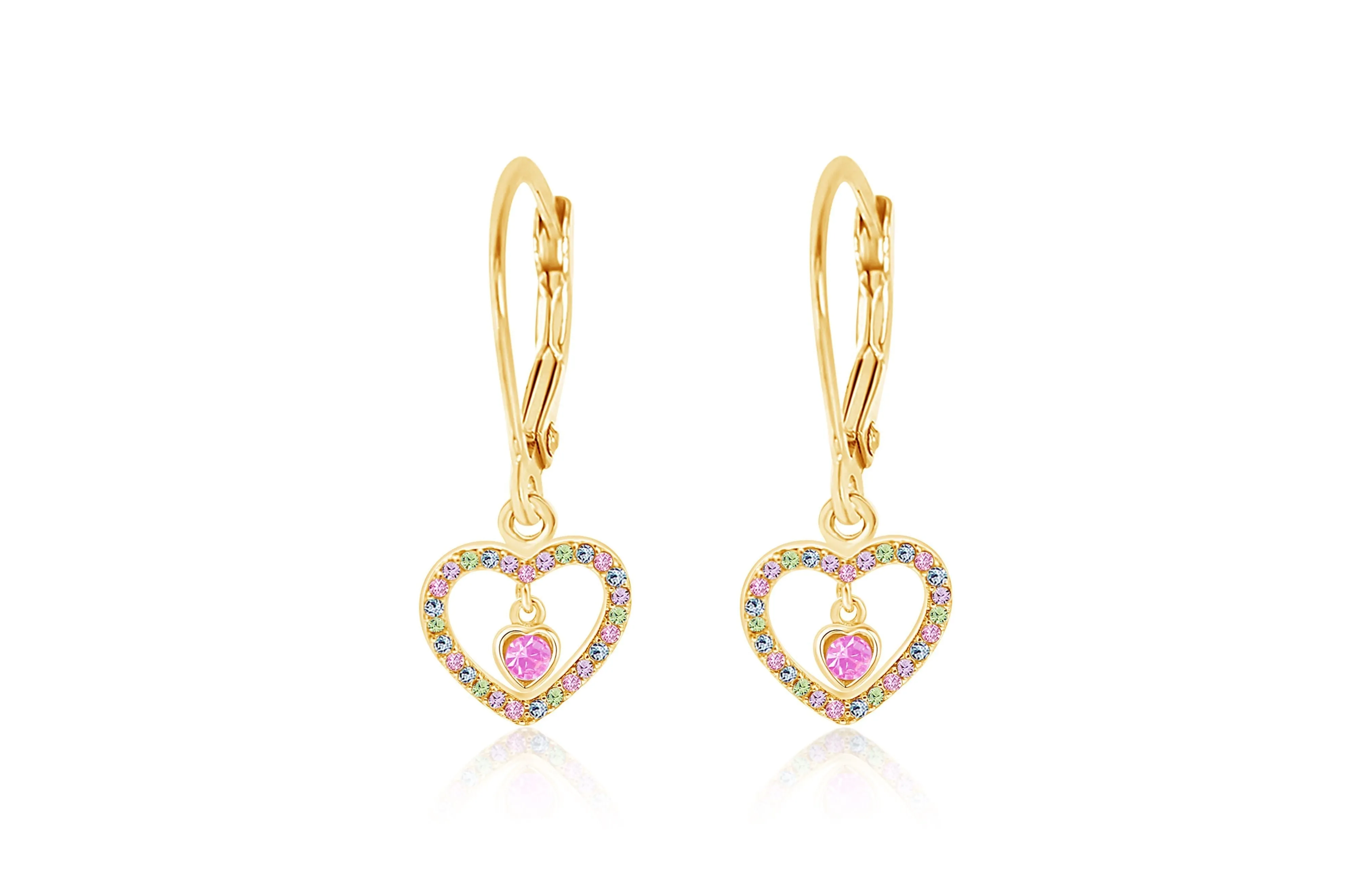 Heart Multi-colored Crystal Yellow Gold Plating Girls Leverback Earring