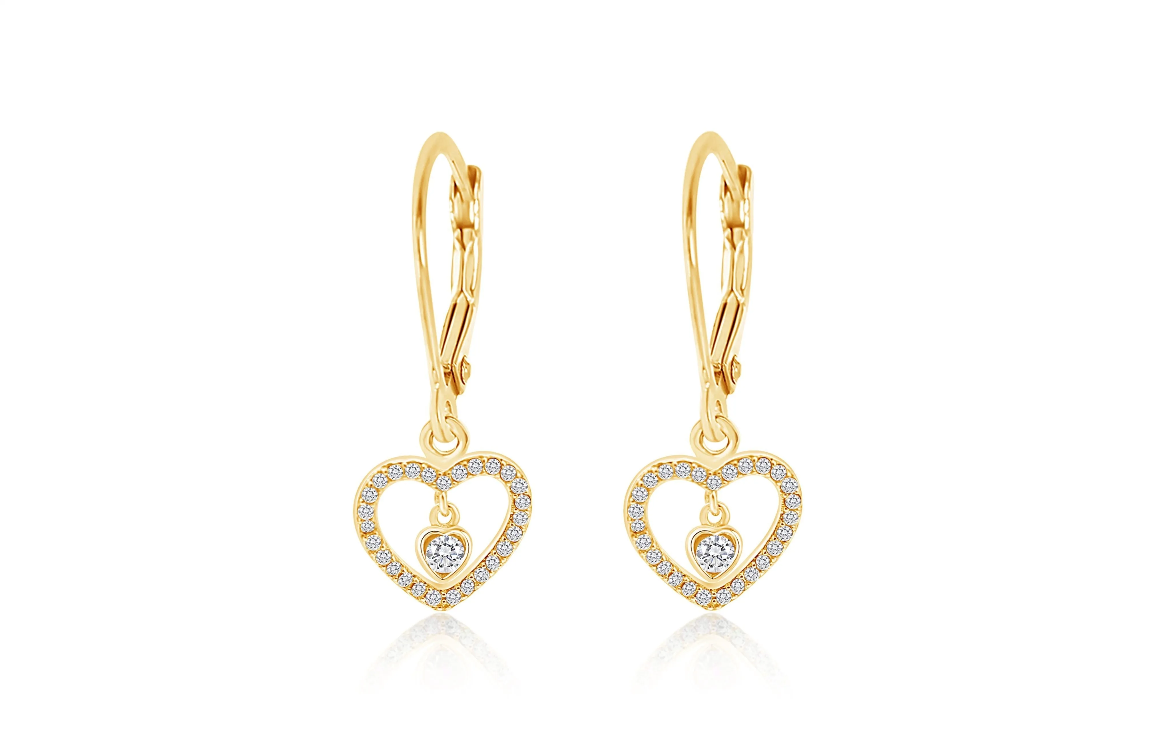 Heart White Crystal Yellow Gold Plating Girls Leverback Earring