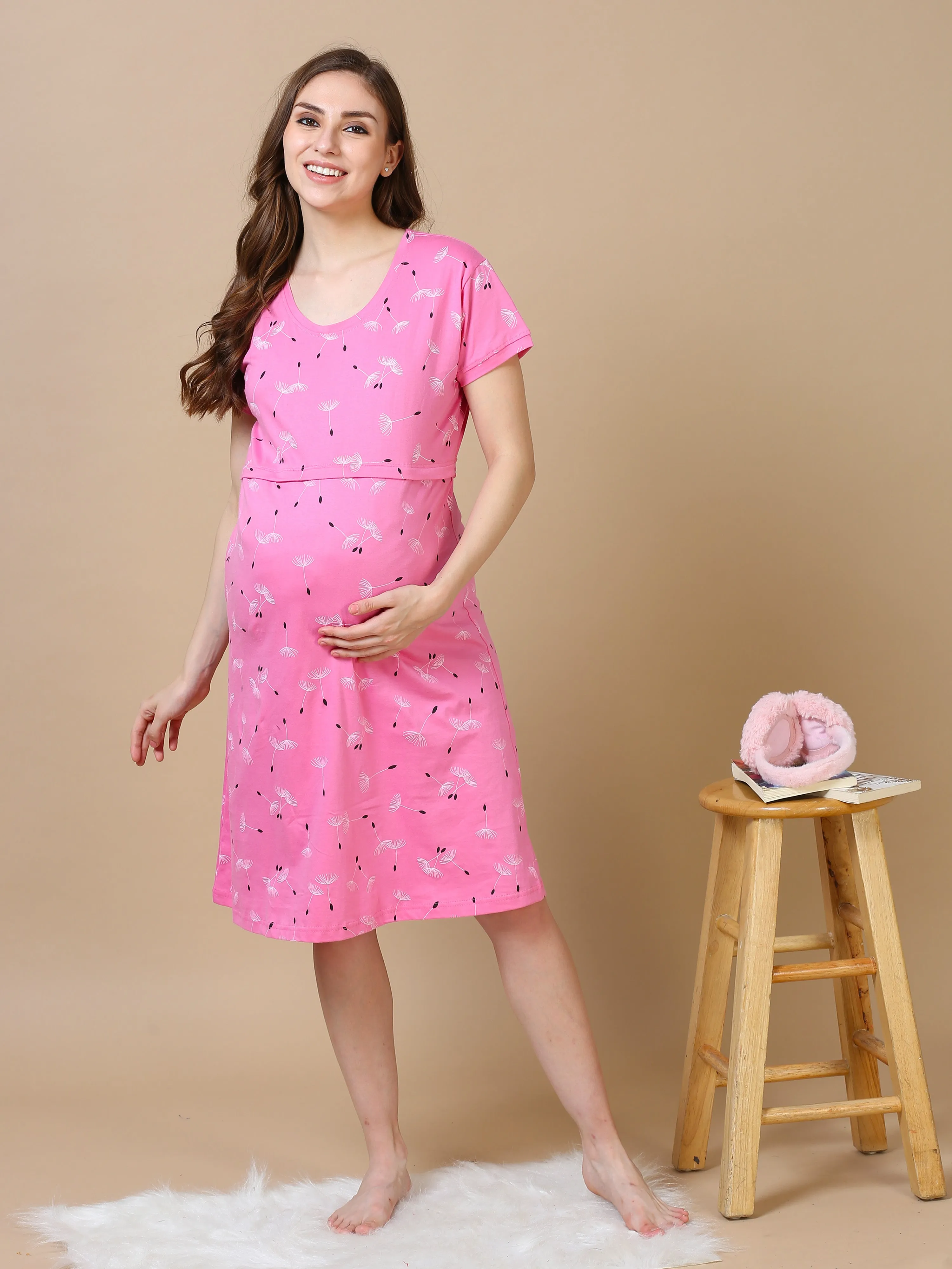 Hosiery Cotton Maternity Nighty | Baby Pink