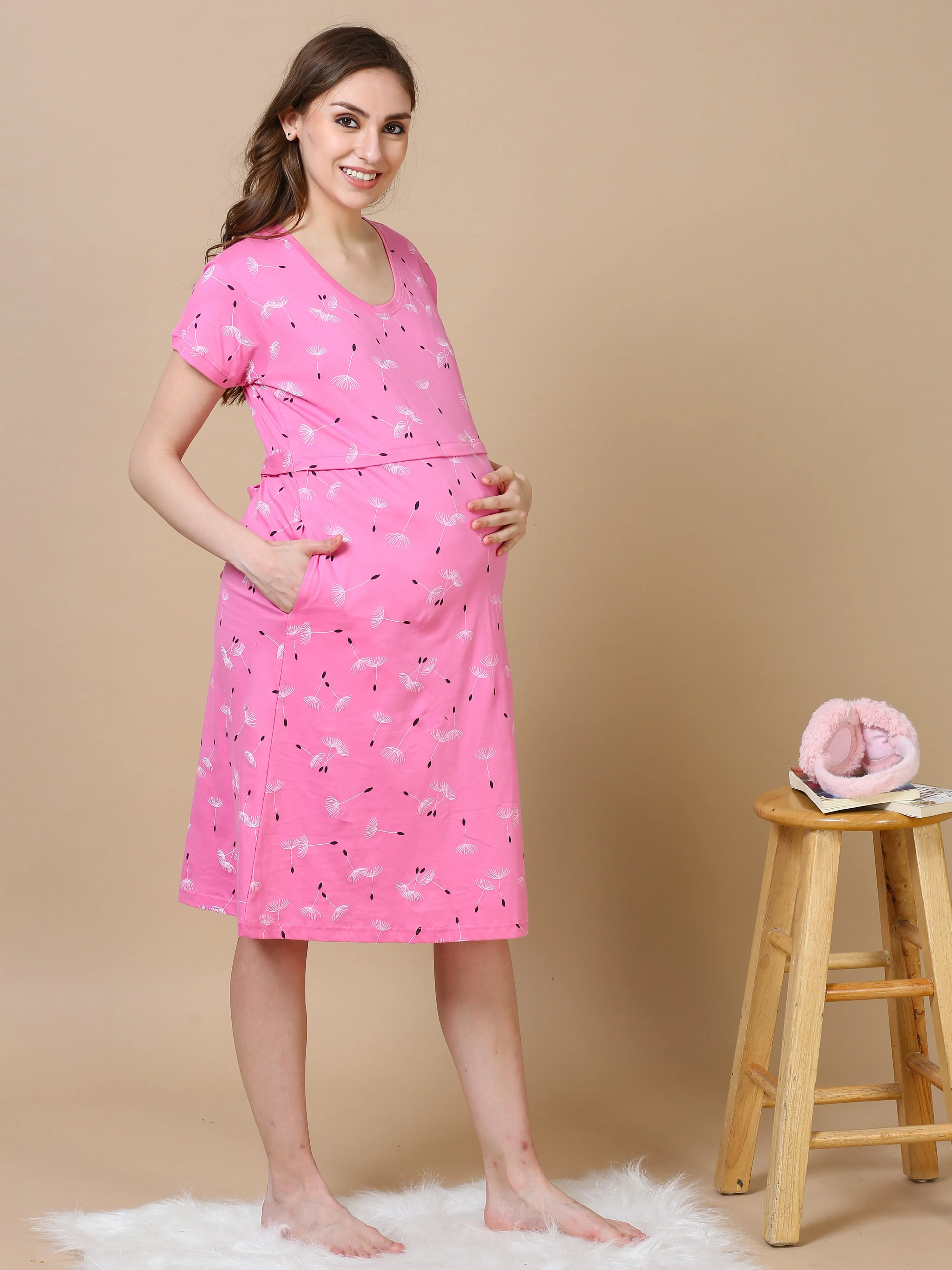 Hosiery Cotton Maternity Nighty | Baby Pink