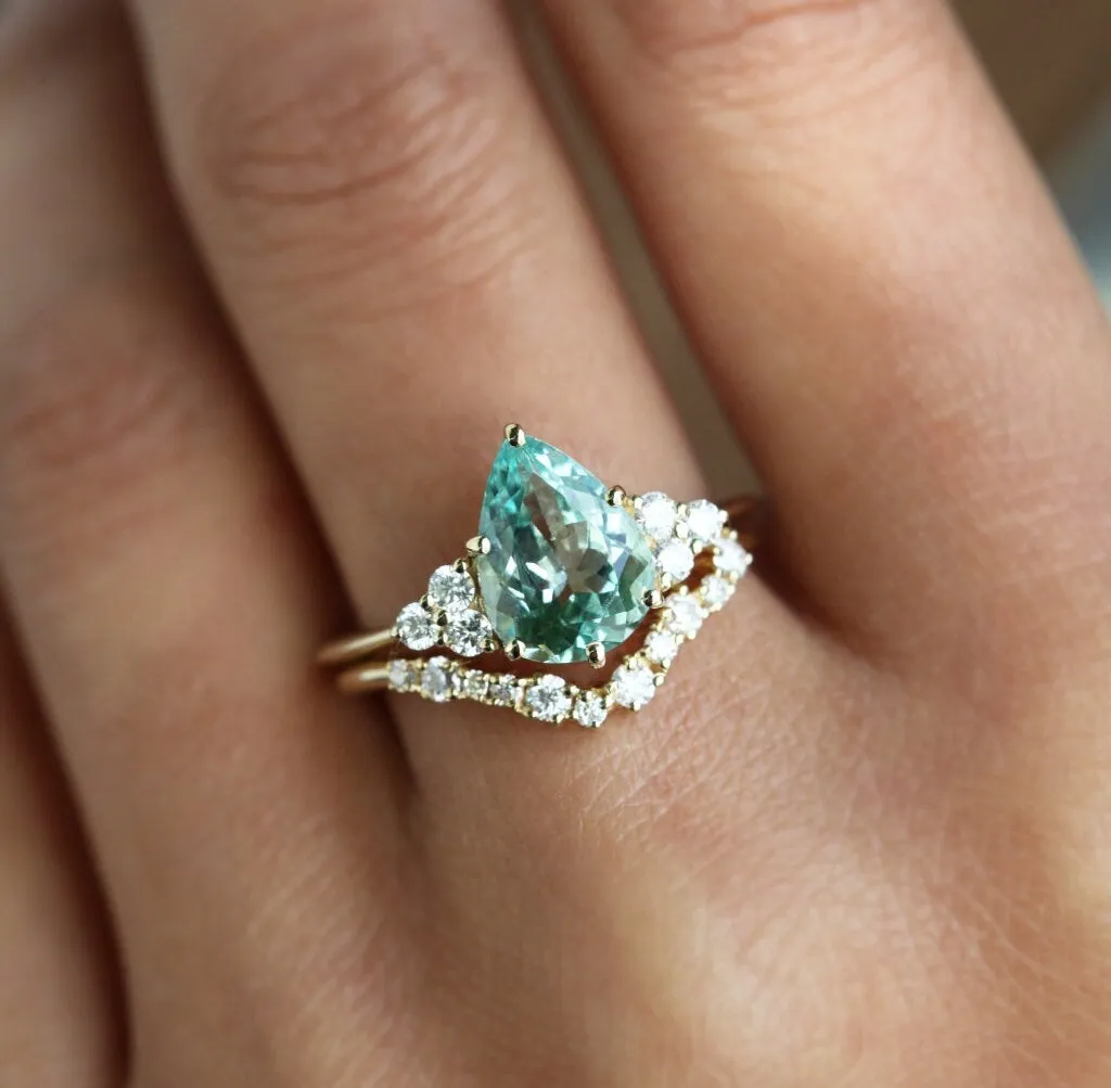 Jeanie Mint Tourmaline Engagement Ring, Pear Mint Tourmaline Diamond Ring, Green Tourmaline Ring