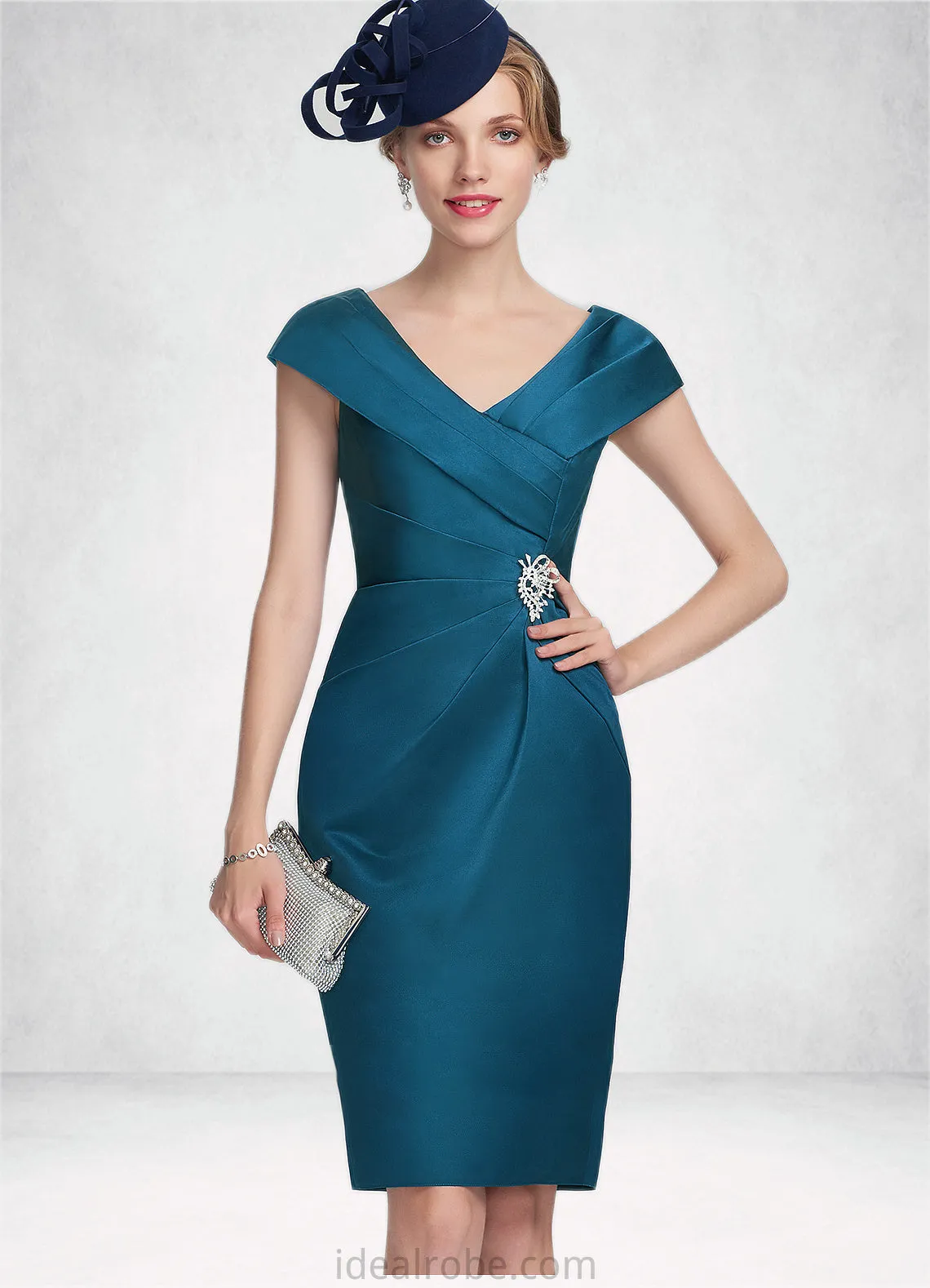 Johanna Sheath/Column V-neck Knee-Length Satin Mother of the Bride Dress With Ruffle Beading STK126P0014631