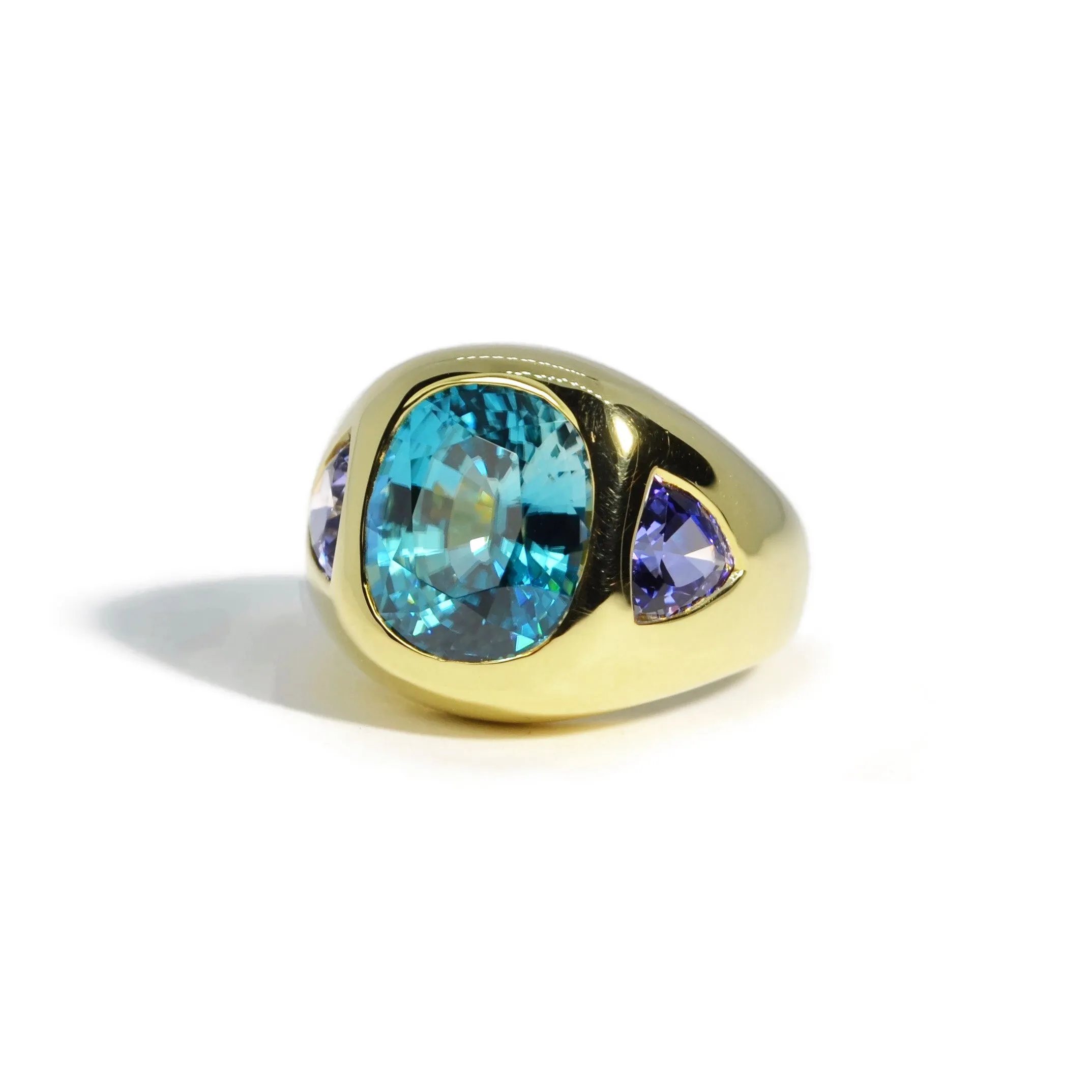 Lauren K - Gypsy Ring with Natural Blue Zircon and Tanzanite, 18k Yellow Gold