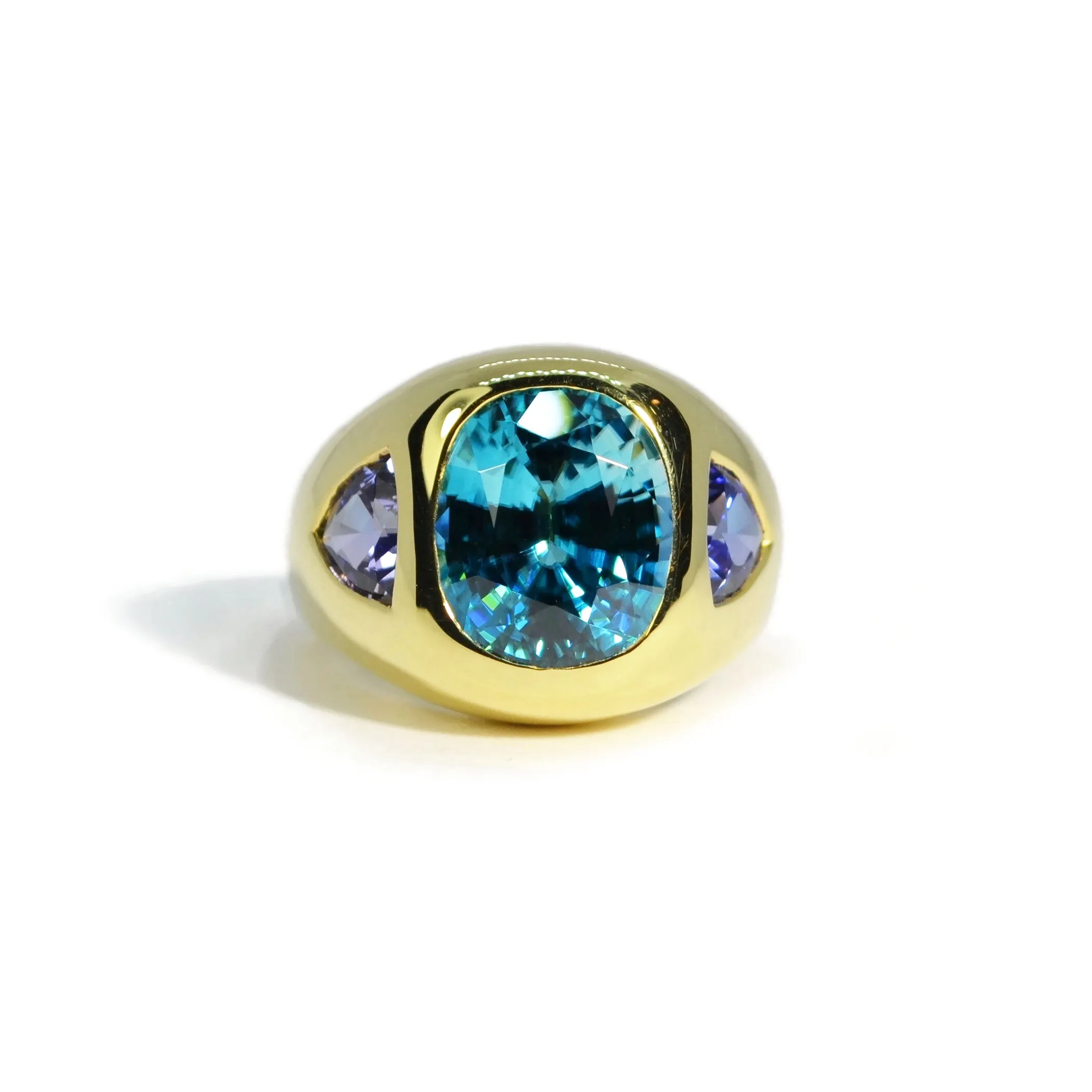 Lauren K - Gypsy Ring with Natural Blue Zircon and Tanzanite, 18k Yellow Gold