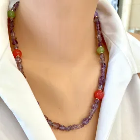 Light Amethyst Bead Bonbons Necklace w Orange Quartz, Lilac & Green Jade Accent Beads, Gold Plated, 21inches