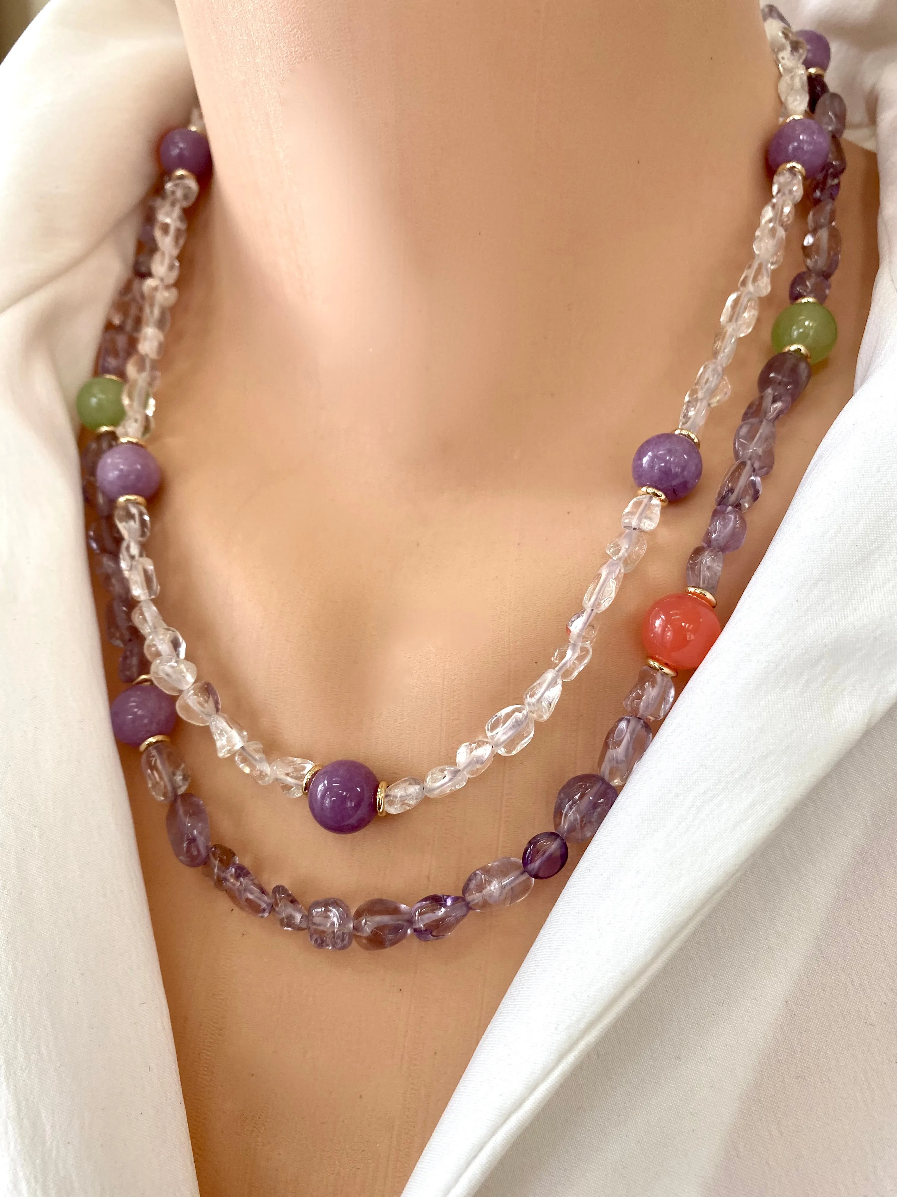 Light Amethyst Bead Bonbons Necklace w Orange Quartz, Lilac & Green Jade Accent Beads, Gold Plated, 21inches