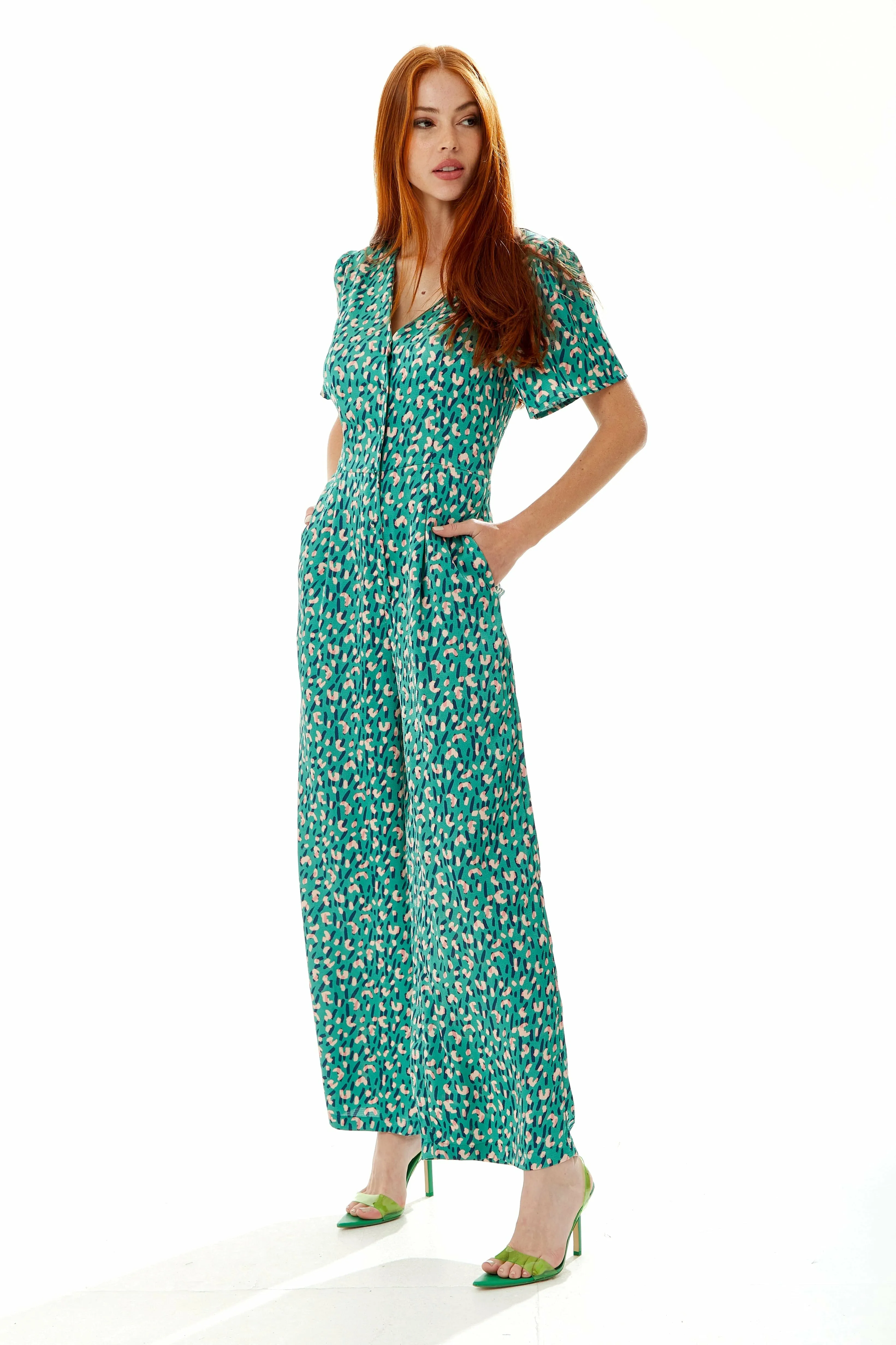 Liquorish Stroke Print Jumpsuit In Green