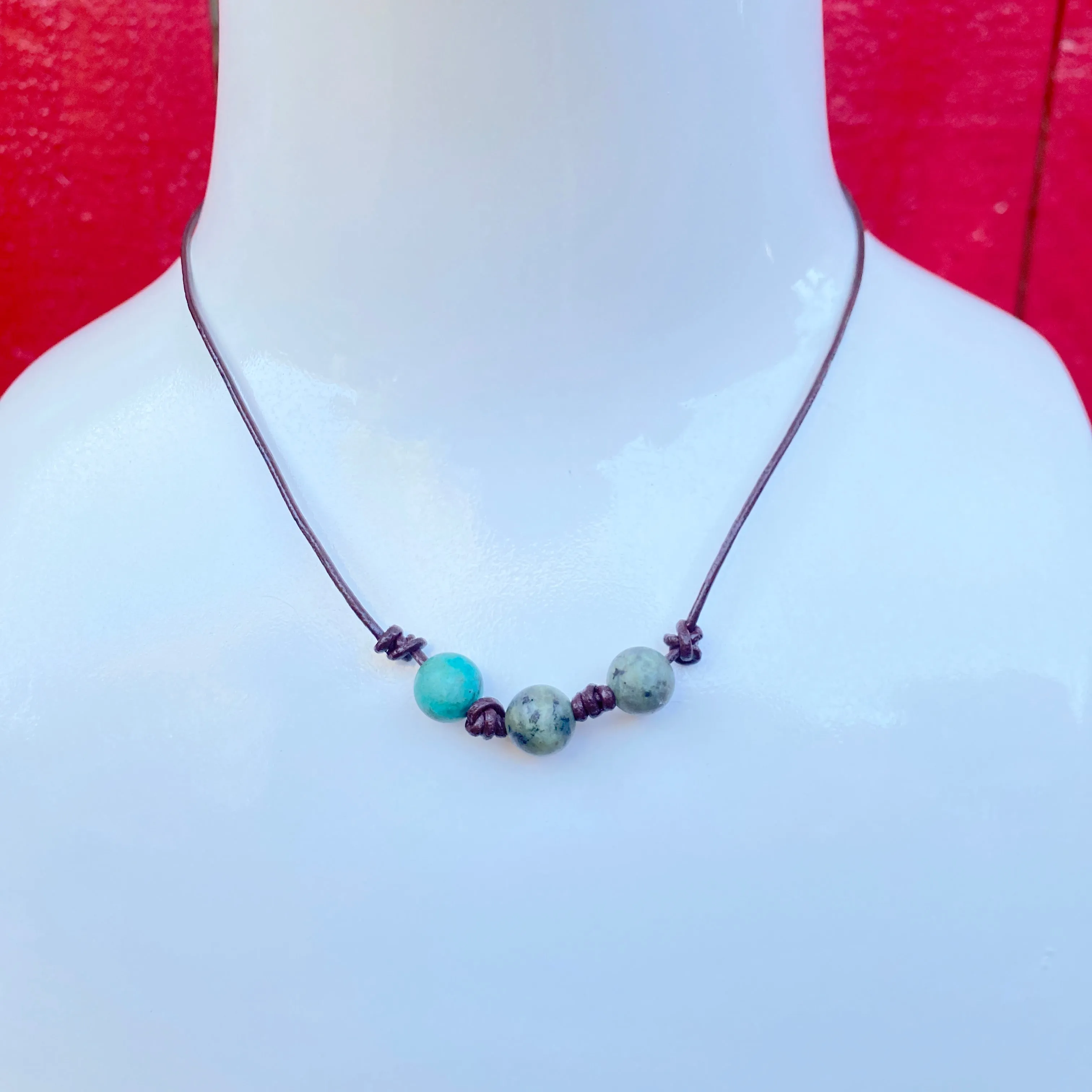 Men’s Leather African Turquoise gemstone Necklace w/ Sterling Silver Clasp