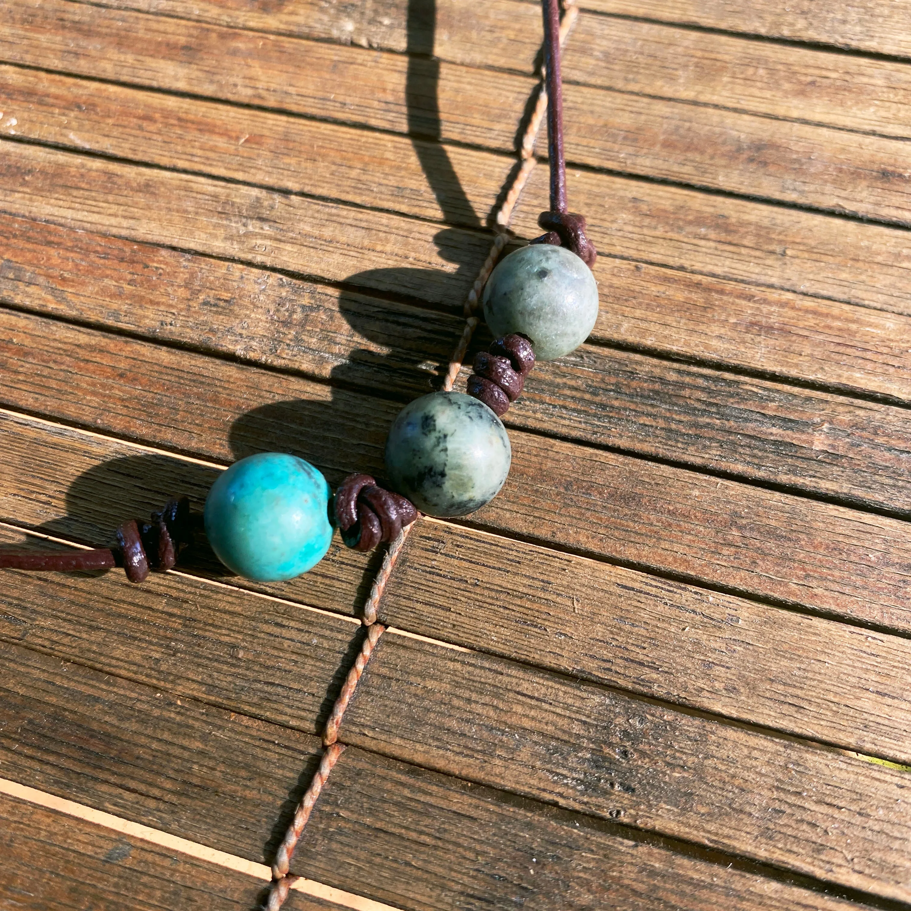 Men’s Leather African Turquoise gemstone Necklace w/ Sterling Silver Clasp