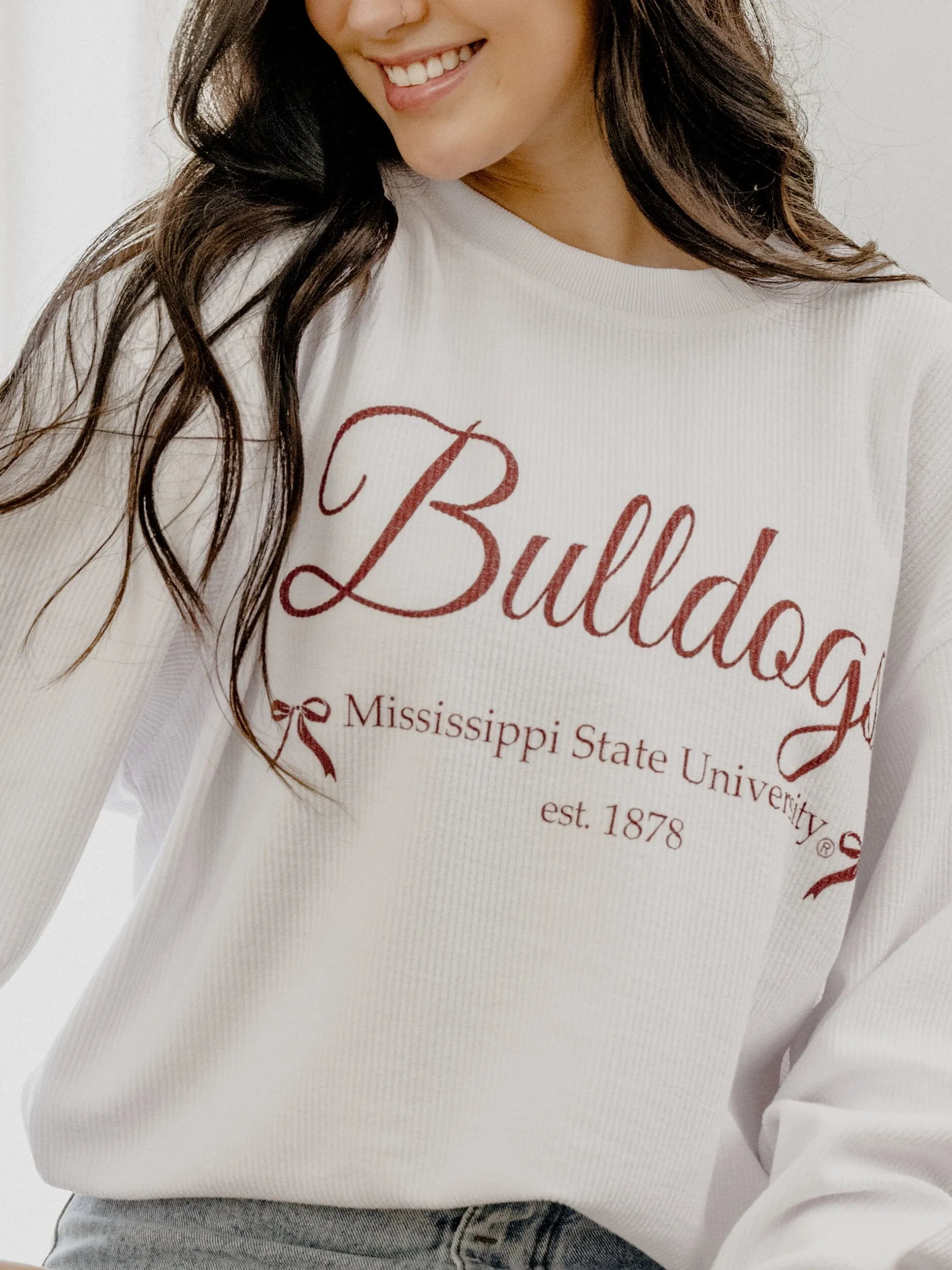 Mississippi State Bulldogs Established Bows White Corded Crew Sweatshirt