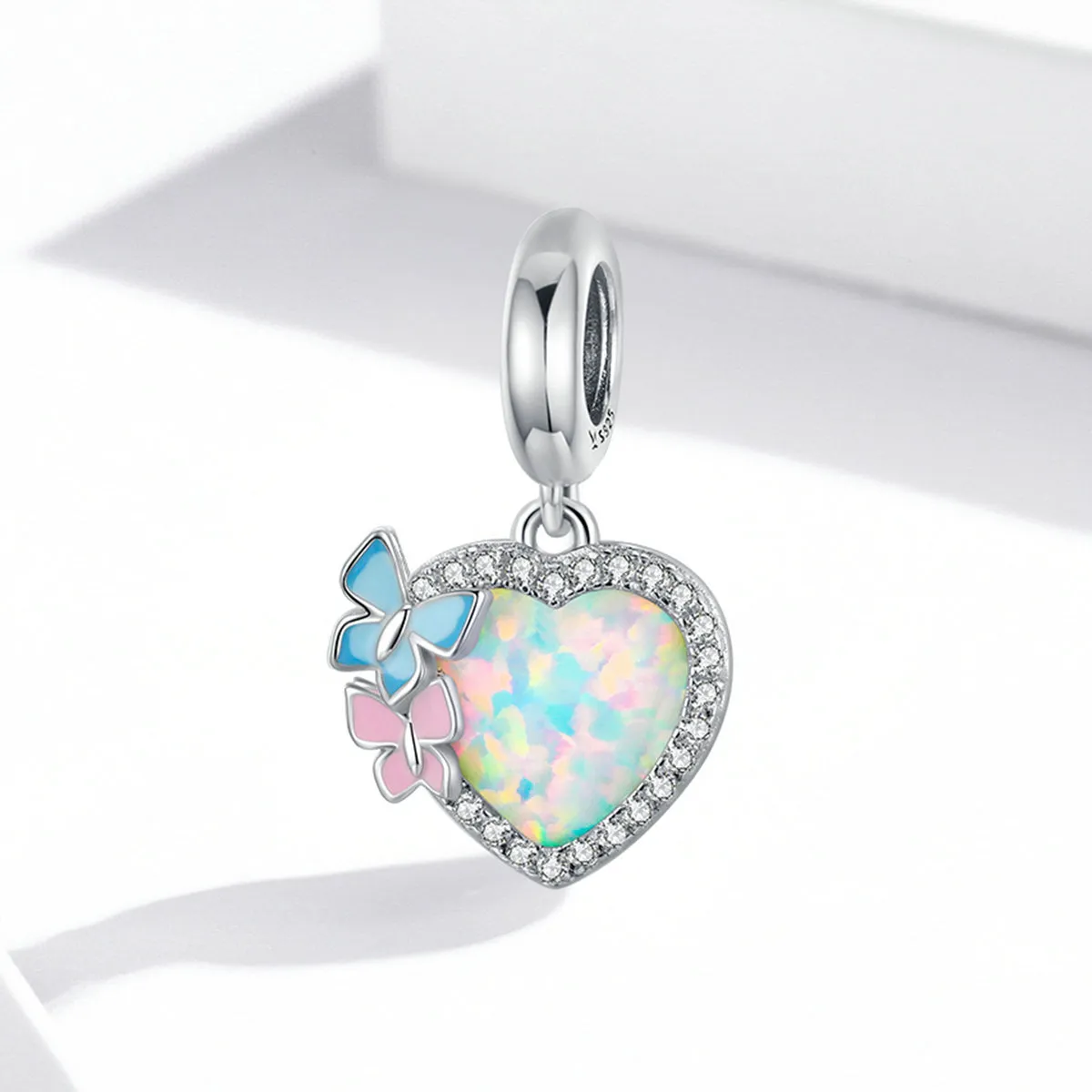 Opalite Crystal Heart Butterfly Charm 925 Sterling Silver