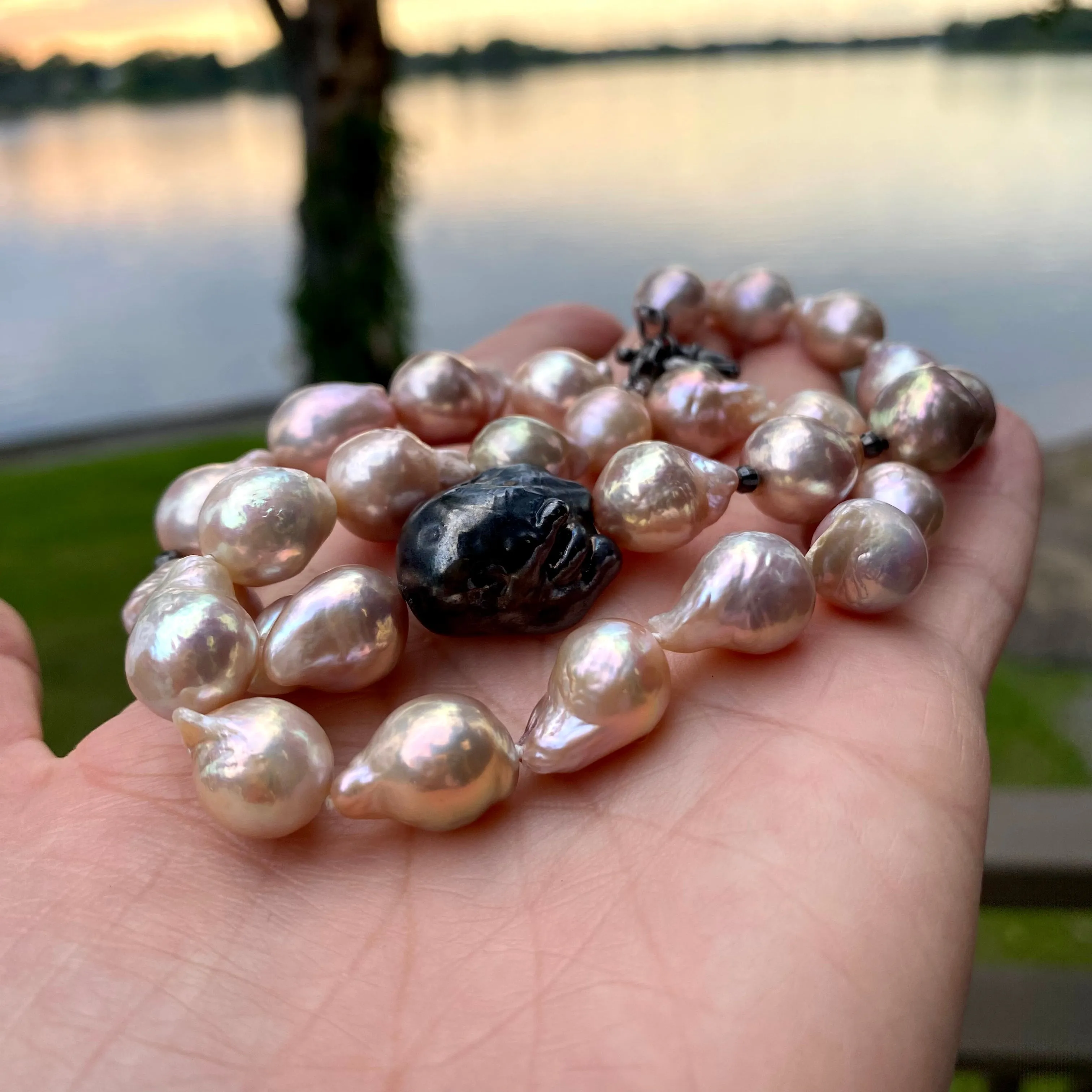 Pink Baroque Pearl Necklace with Unique Side Element, Black Rhodium Plated Silver Details, Natural Metallic Lustre, 18 inches