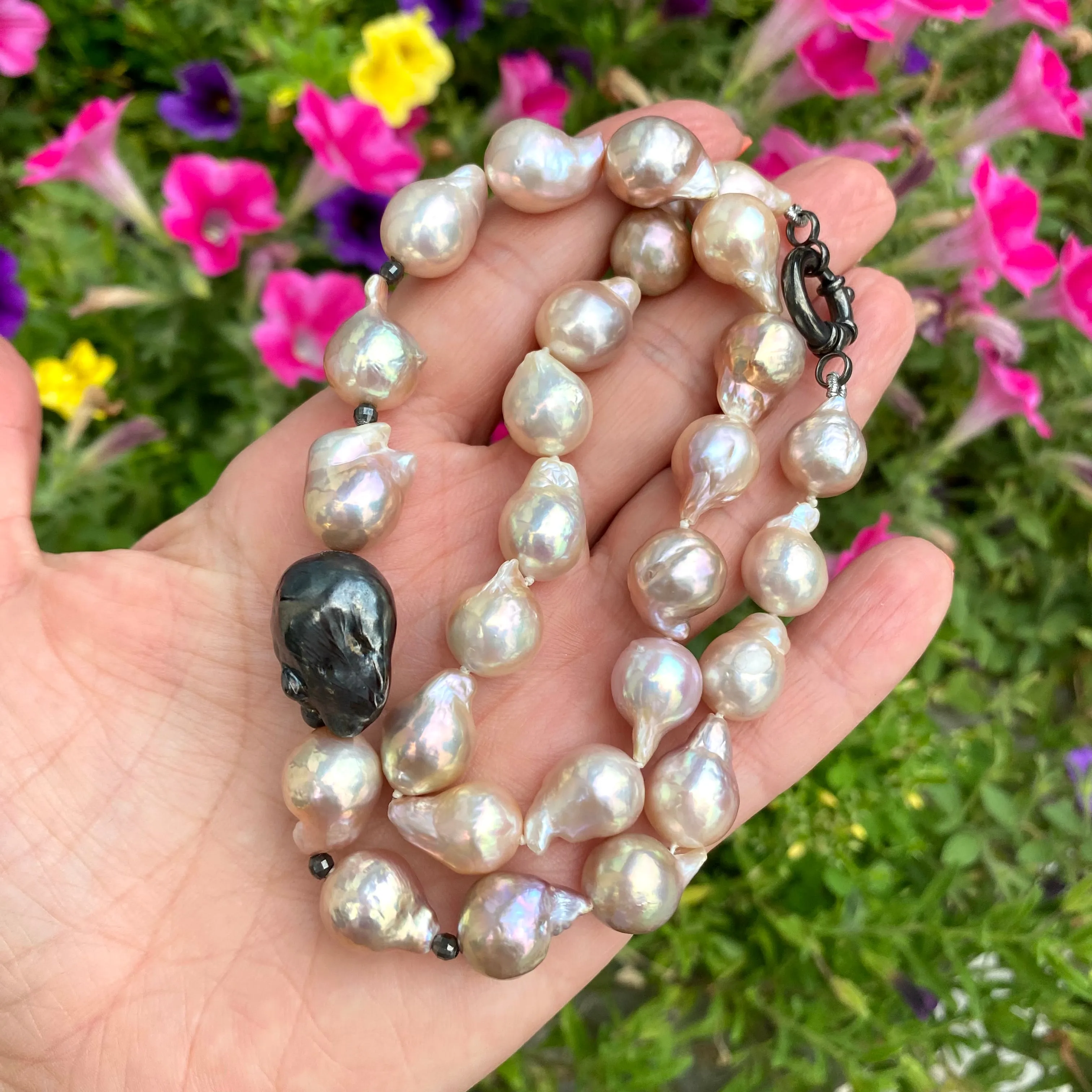 Pink Baroque Pearl Necklace with Unique Side Element, Black Rhodium Plated Silver Details, Natural Metallic Lustre, 18 inches