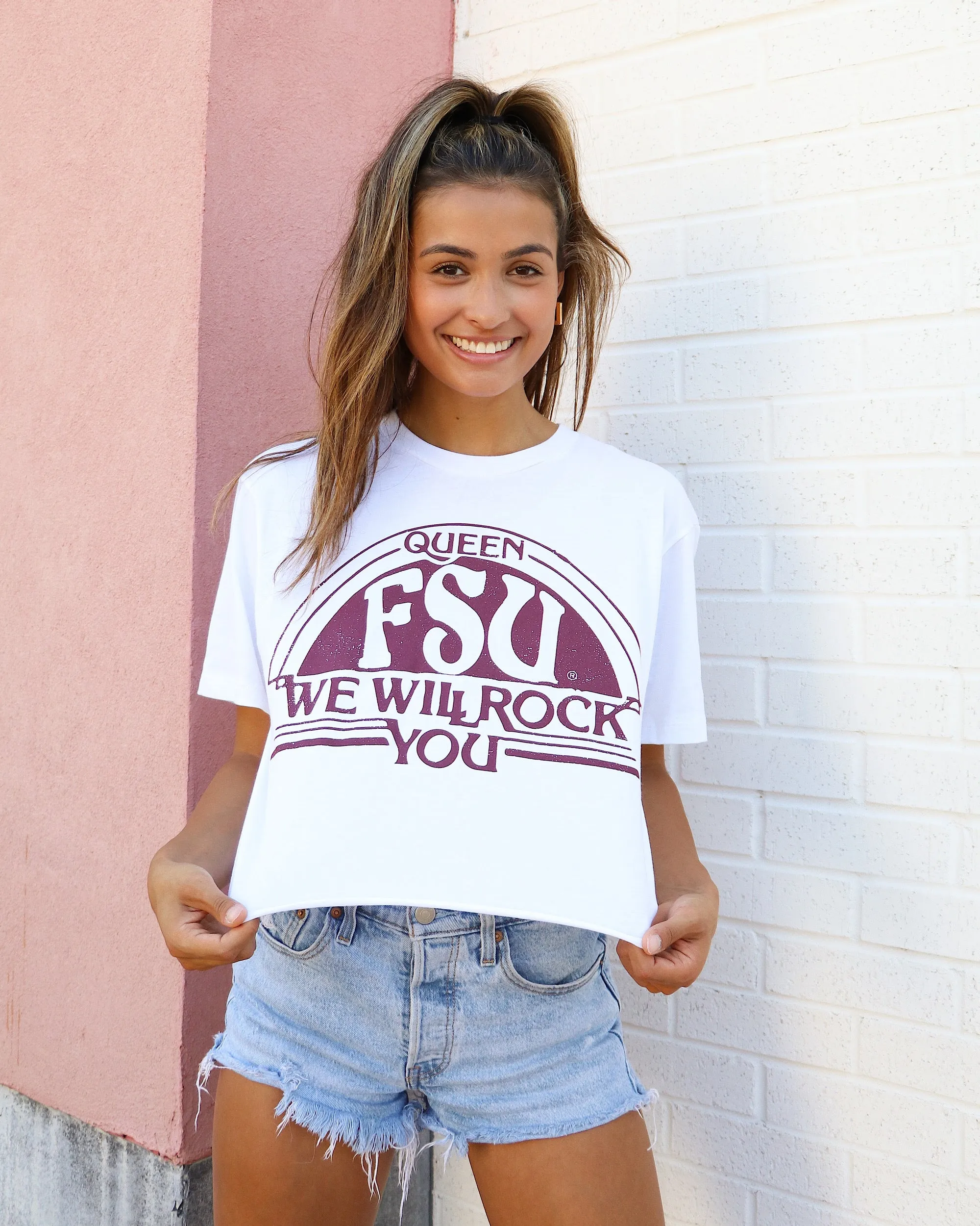 Queen FSU Seminoles Will Rock You White Cropped Tee