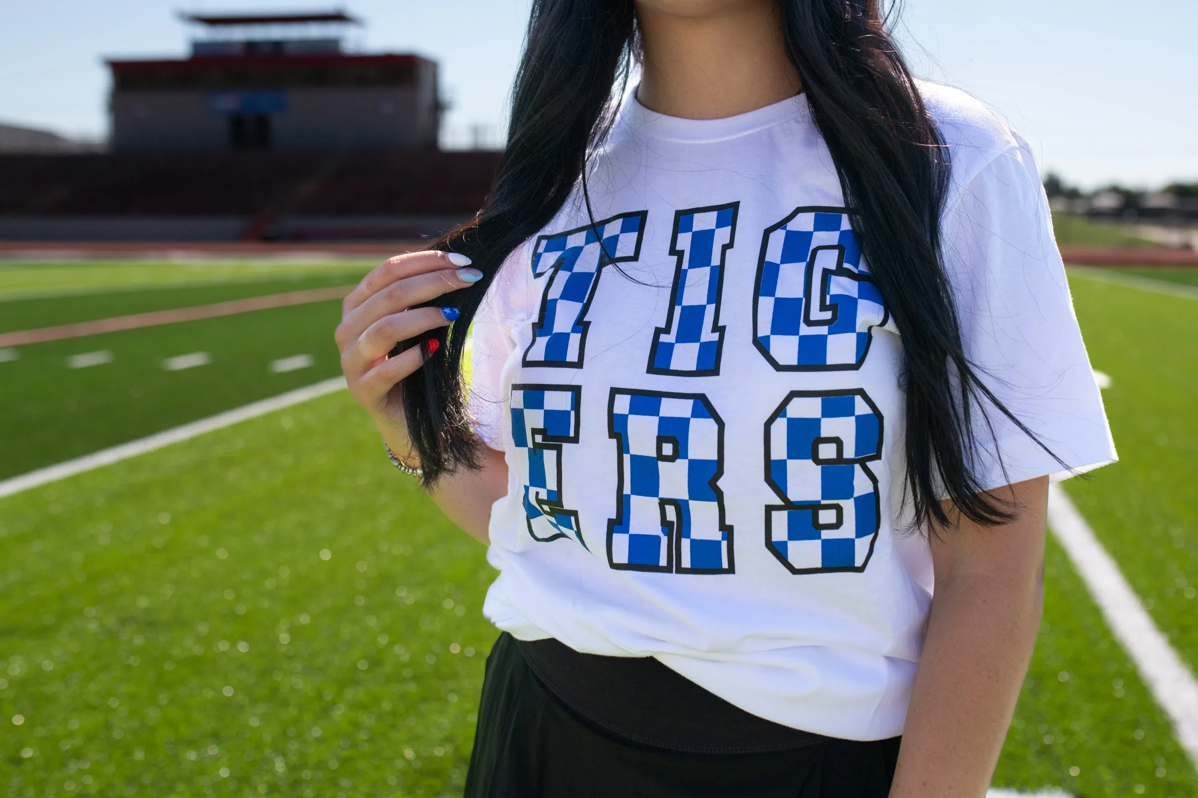 "Checkered Tigers" Blue & Black Graphic Tee