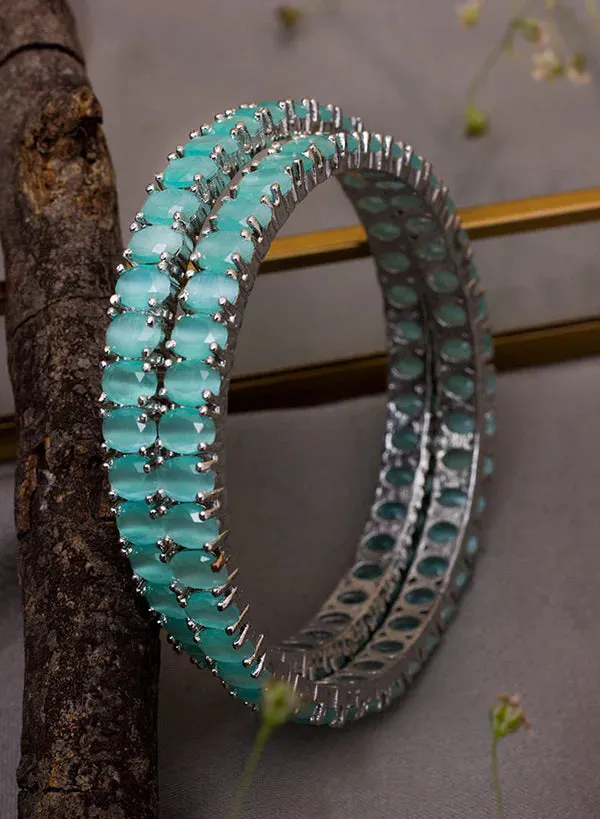 Silver Plated Teal American Diamond Bangles Set