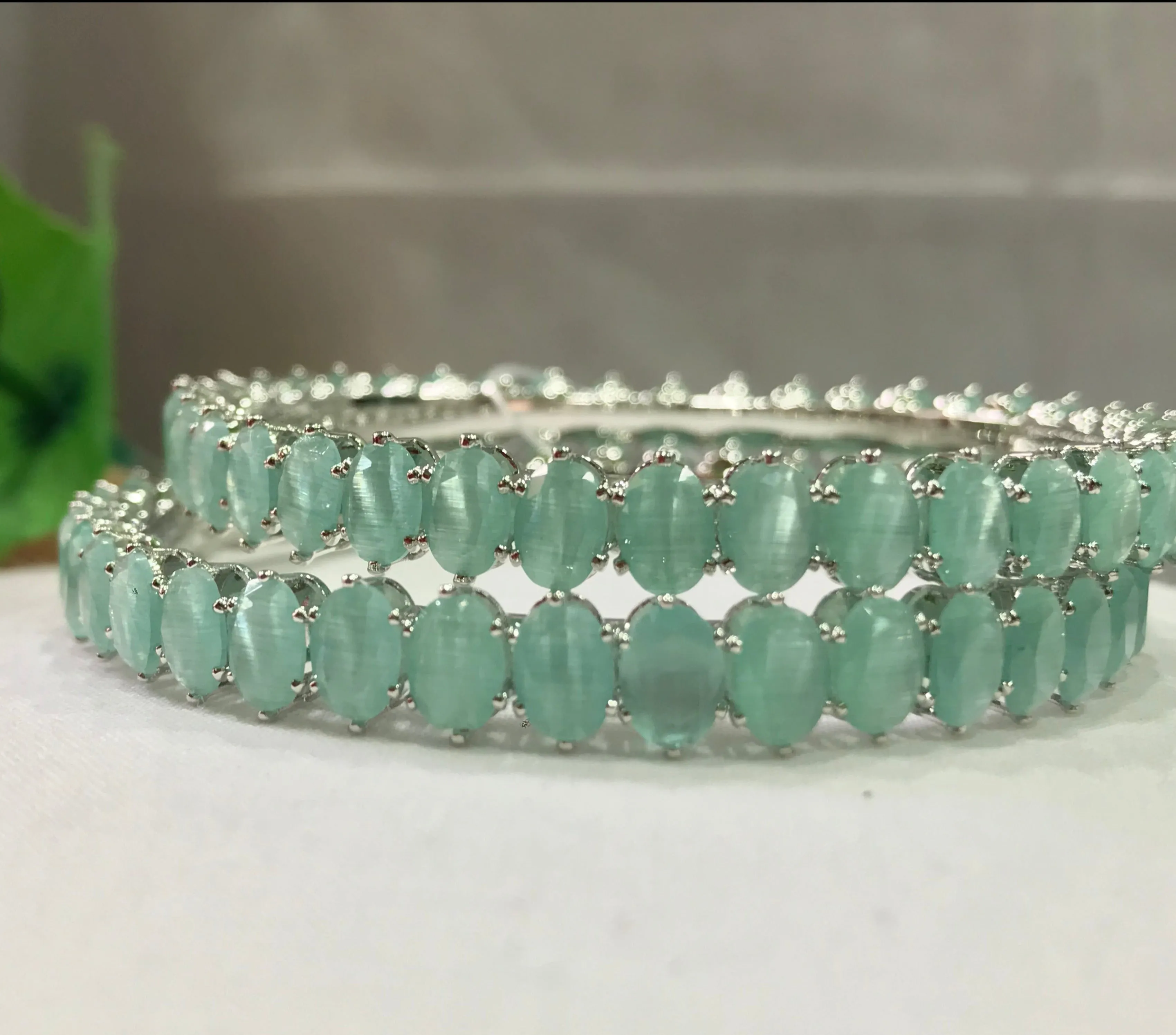 Silver Plated Teal American Diamond Bangles Set