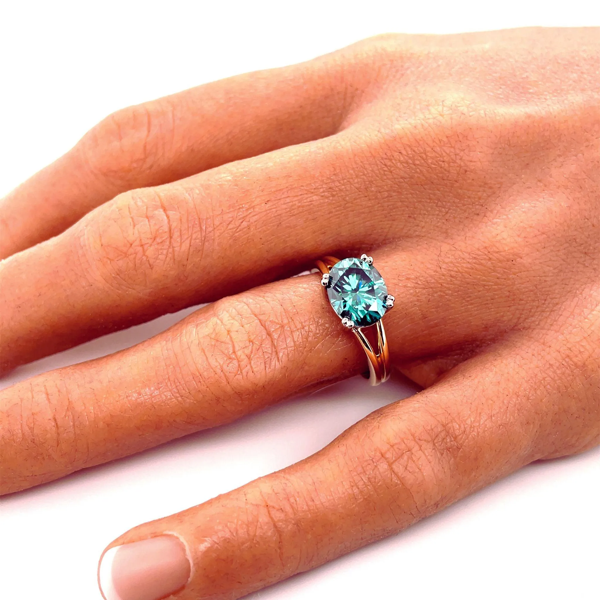 Teal Green Moissanite Ring Oval East West Solitaire with Split Shank