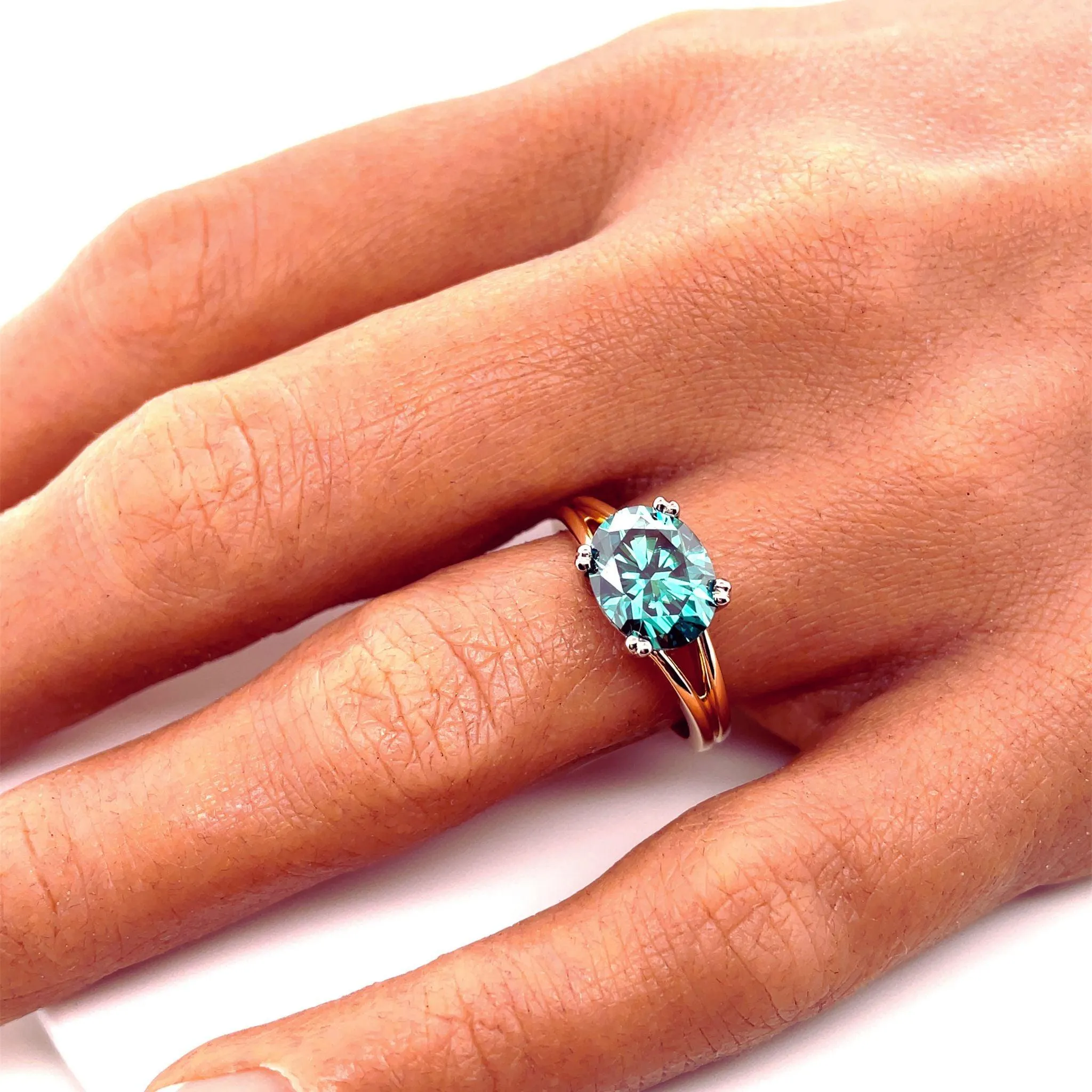 Teal Green Moissanite Ring Oval East West Solitaire with Split Shank