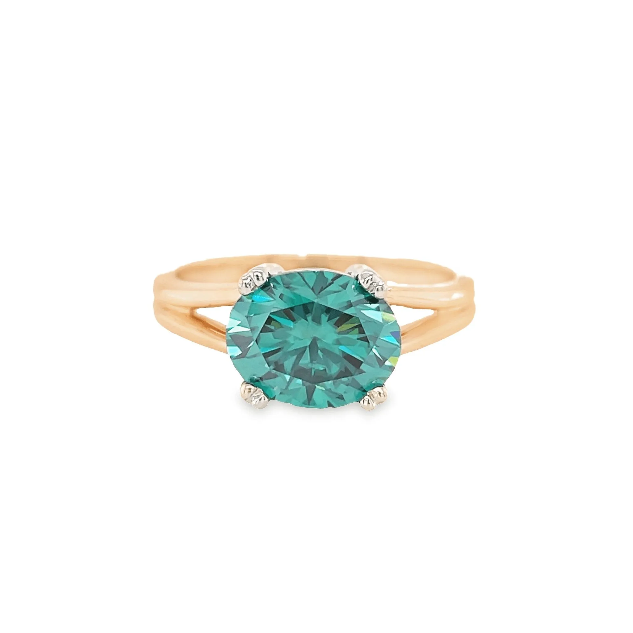 Teal Green Moissanite Ring Oval East West Solitaire with Split Shank