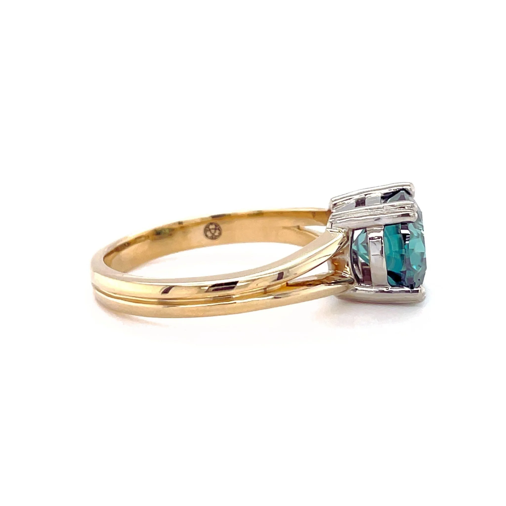 Teal Green Moissanite Ring Oval East West Solitaire with Split Shank