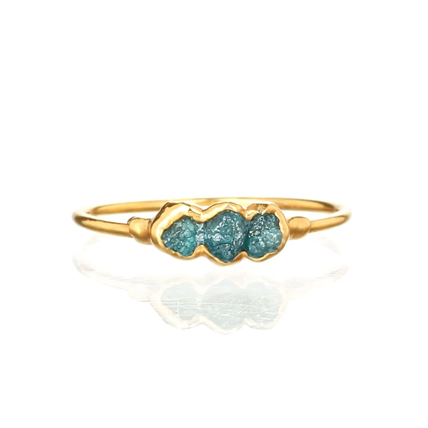 Three Stone Raw Blue Diamond Ring in Yellow Gold