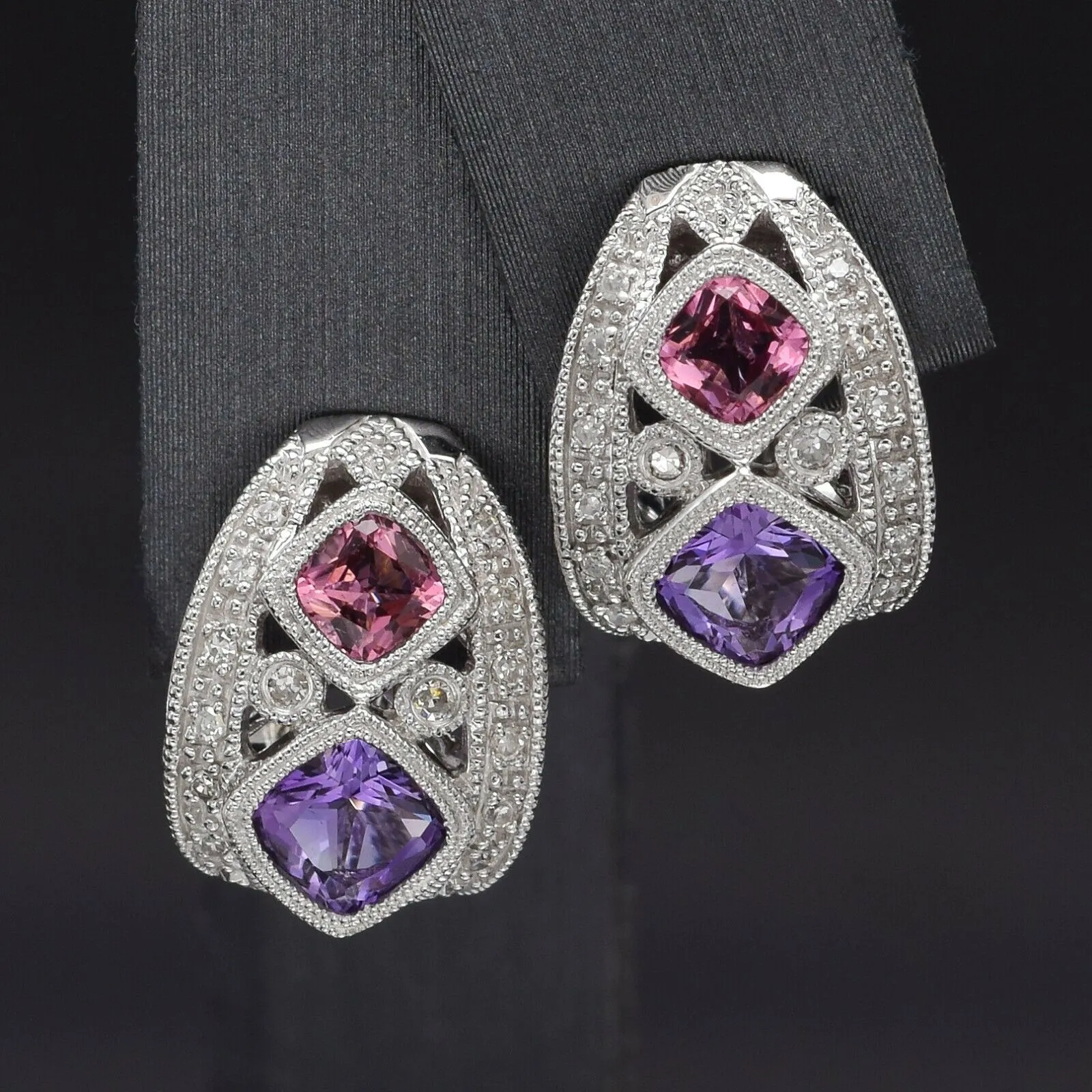 Vintage 14K Gold Amethyst, Pink Tourmaline & Diamond Earrings & Ring Set