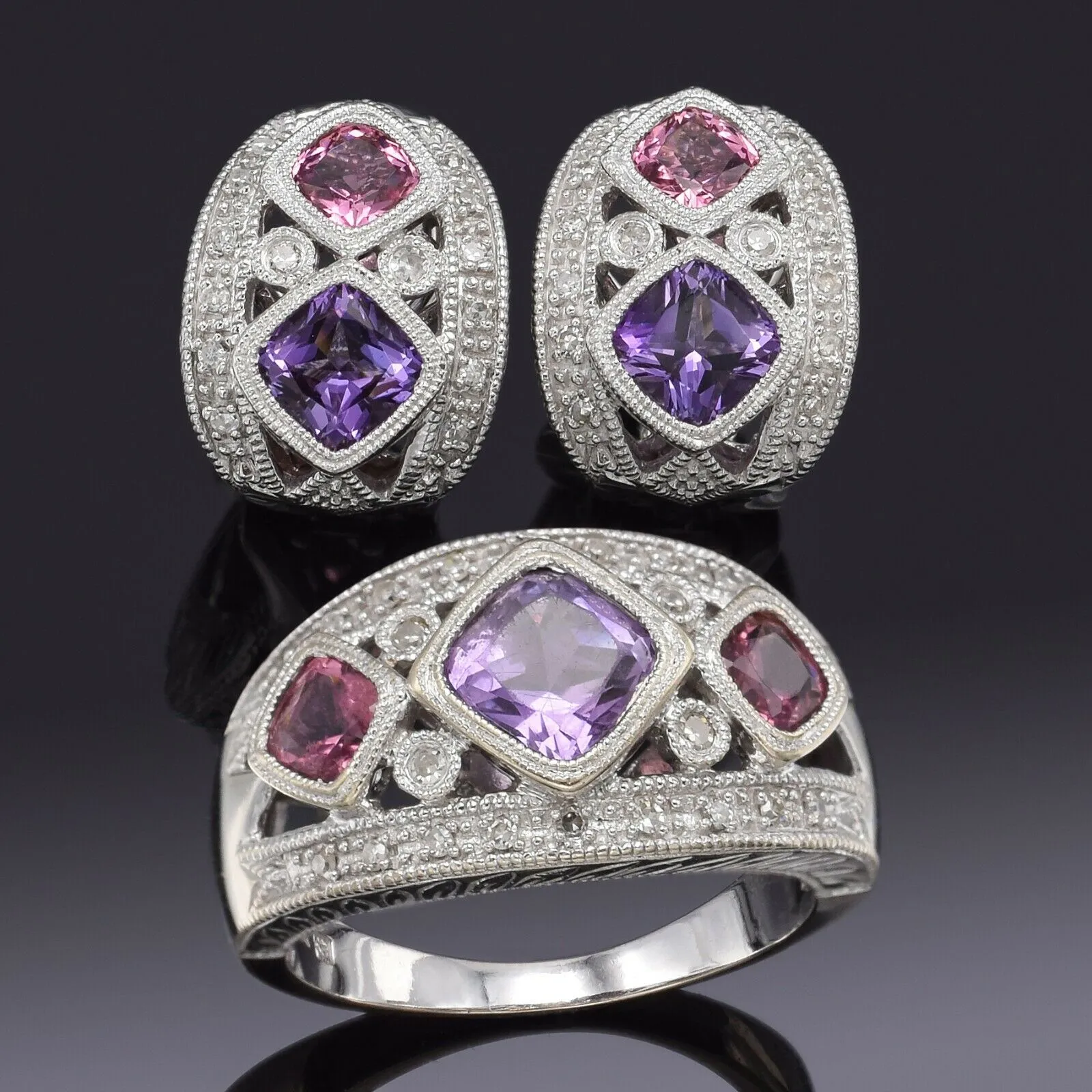 Vintage 14K Gold Amethyst, Pink Tourmaline & Diamond Earrings & Ring Set